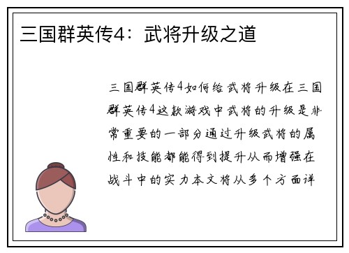 三国群英传4：武将升级之道